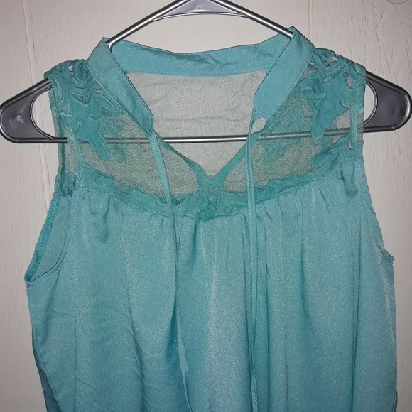 Blue sleeveless tank top blouse party lace sheer travel business sport summer - Picture 3 of 6